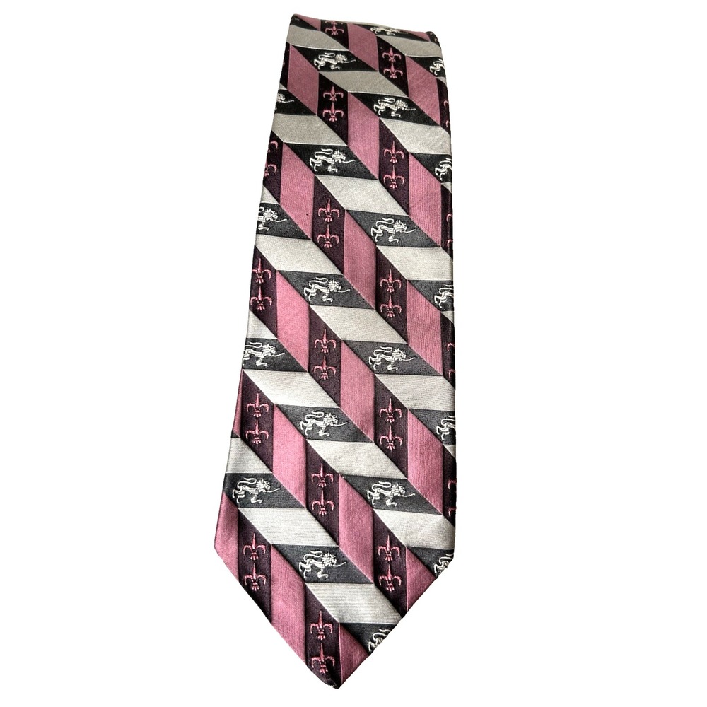Vintage 50s Daniels And Fisher Denver Silk Tie Fleur de Lion Print Gray Pink EUC